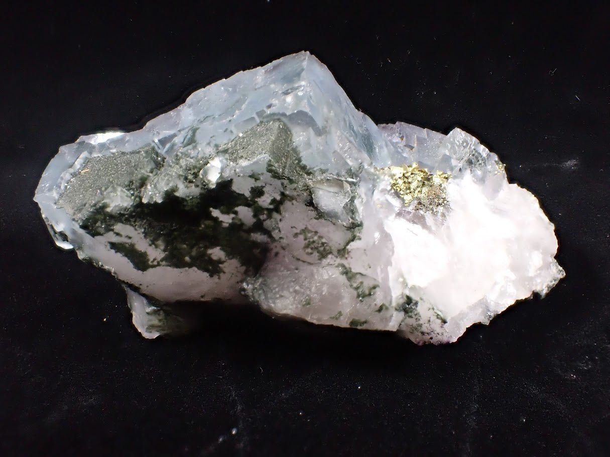 YGX Fluorite with Pyrite – Rare Transparent Fluorite Cluster with UV Glow (198g) - Legacy Crystals and Minerals