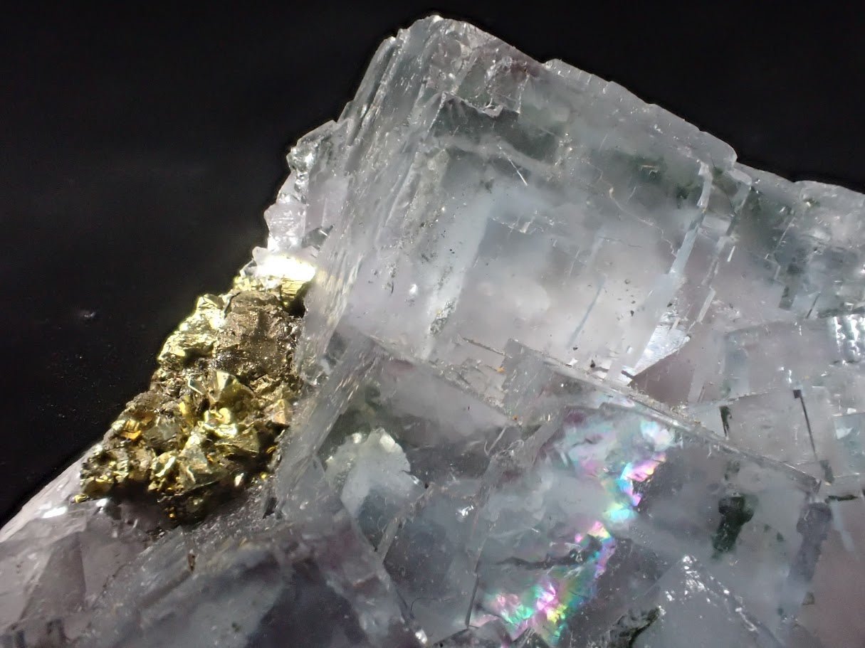 YGX Fluorite with Pyrite – Rare Transparent Fluorite Cluster with UV Glow (198g) - Legacy Crystals and Minerals