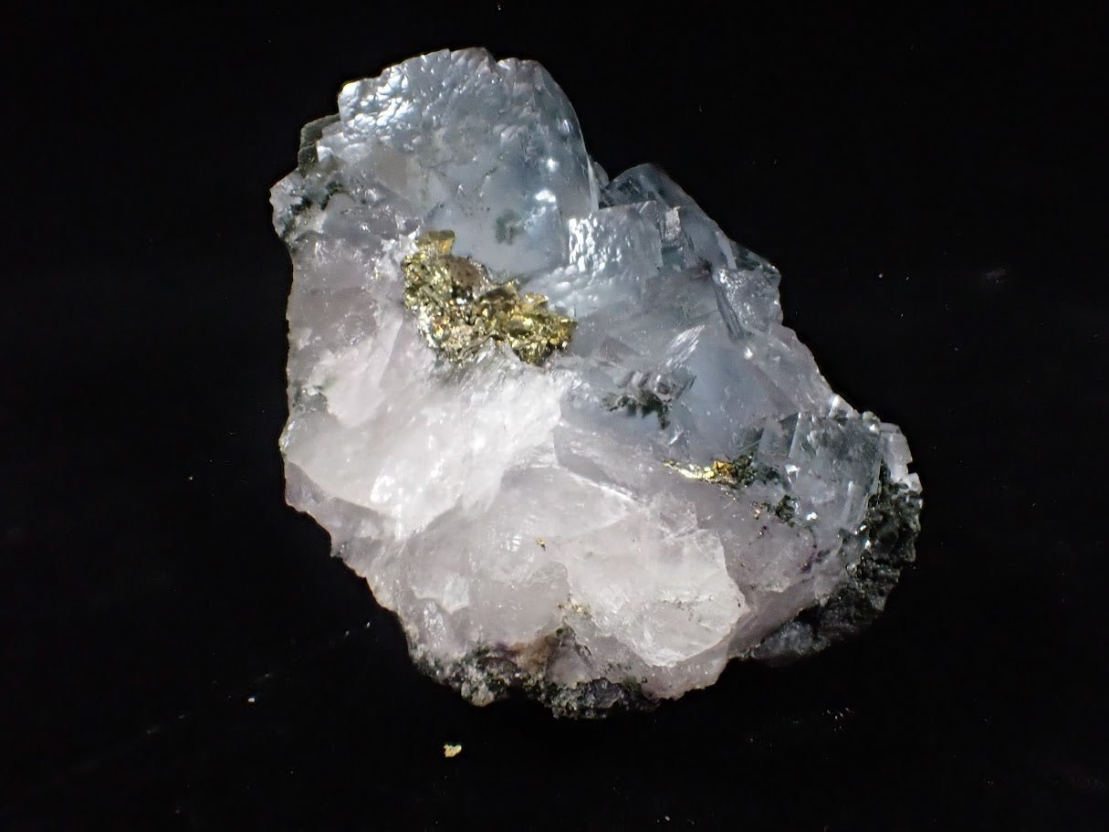 YGX Fluorite with Pyrite – Rare Transparent Fluorite Cluster with UV Glow (198g) - Legacy Crystals and Minerals