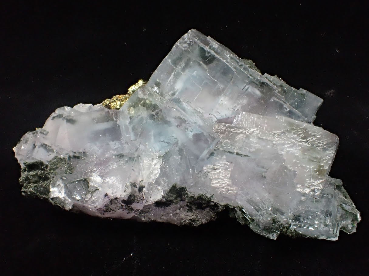 YGX Fluorite with Pyrite – Rare Transparent Fluorite Cluster with UV Glow (198g) - Legacy Crystals and Minerals