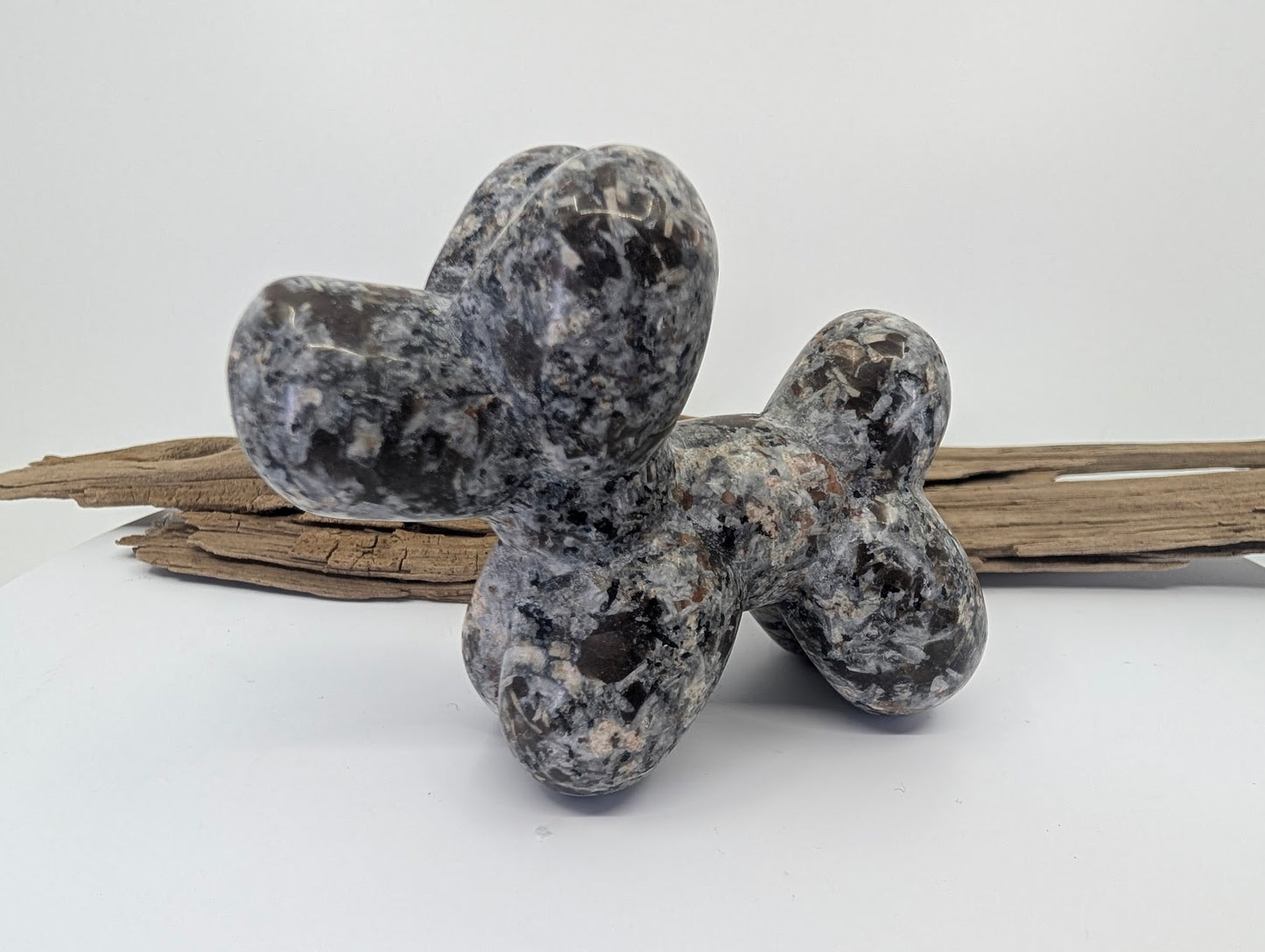 Syenite rich in Sodalite (Yooperlite) balloon dog specimen G with a mottled grey and black finish.