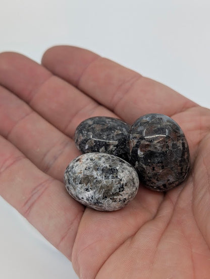 Hand holding Yooperlite tumbled stones showing surface detail and natural color