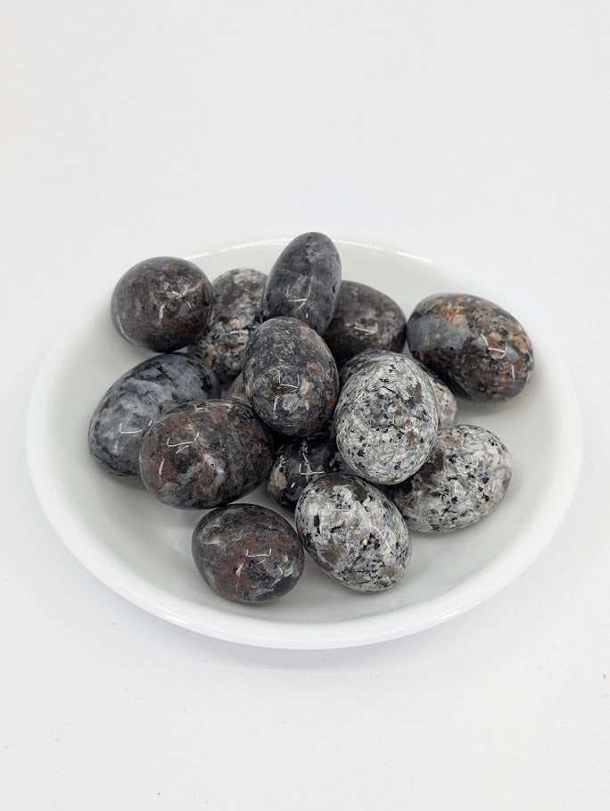 A-grade Yooperlite tumbled stones displayed in a bowl showing gray and black mottling