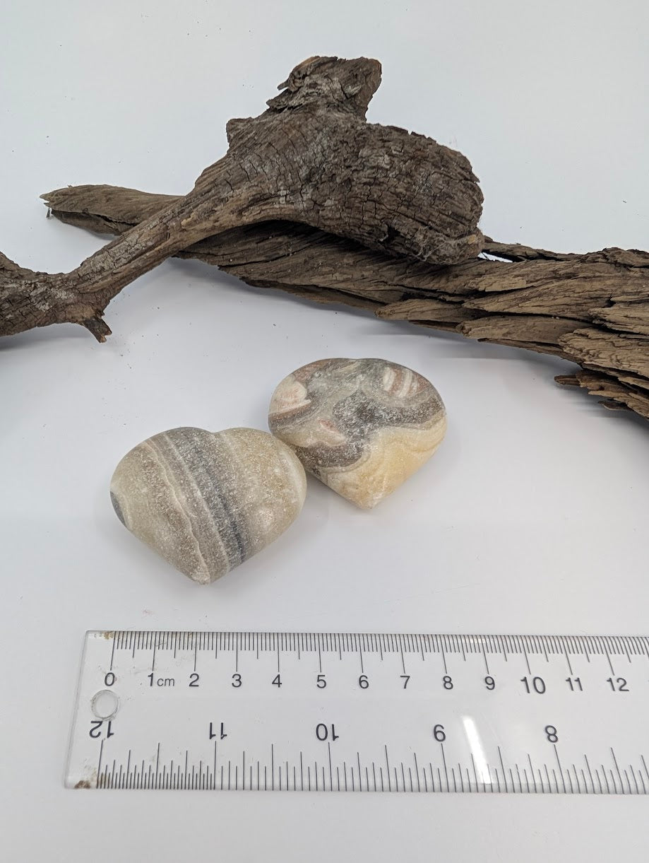 Size measurement of Zebra Calcite hearts approx 6cm wide.